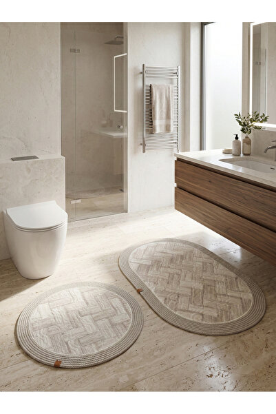 MELENA CARPET Premium Kaymaz Taban Banyo Paspası Jüt Kenar Detaylı Oval Yuvar...