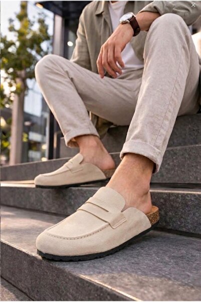 Joy Ayakkabı Cream Genuine Suede Leather Men's Loafer Cork Sole Laceless Casu...