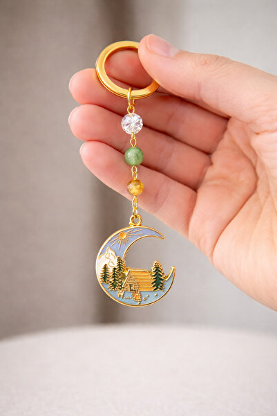 Sunshe Atelier سلسلة مفاتيح/زينة للحقائب من الحجر الطبيعي بأشكال الهلال والجب...