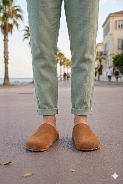 Joy Ayakkabı Men's Tan Genuine Suede Leather Mule Loafer Cork Sole Open Back ...