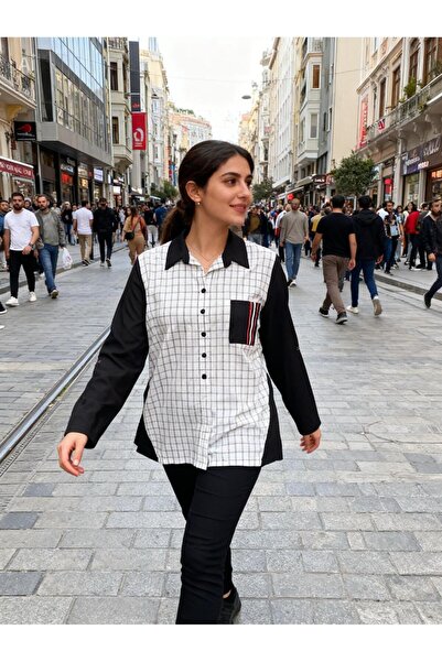 Royteks Fashion Ekose Desenli Pamuklu Keten kadın Tunik Gömlek