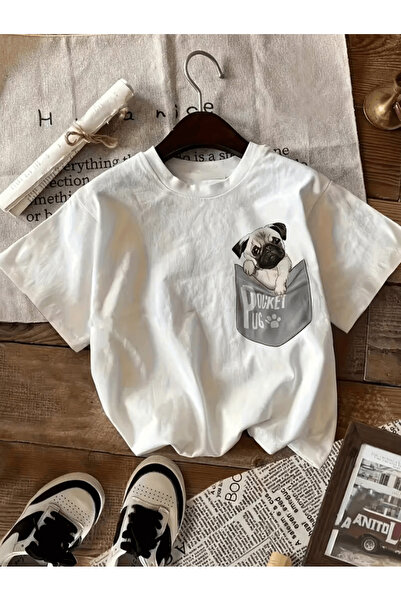 one button تصميم جيب صغير لطيف للكلب مطبوع على تي شيرت فاخر كبير الحجم