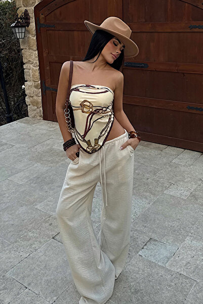 Eyyo Μπεζ Λινό Παντελόνι με Κορδόνια, Χαλαρή Γραμμή, Άνετο Καλοκαιρινό Παντελ...