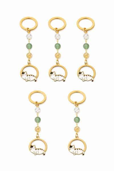 Sunshe Atelier 5 Pieces of Natural Stone Keychain/Bag Ornament with Cat Figure (Citrine-Nephrite-Aventurine)