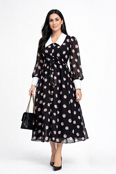 Stylish Fashion Stylish Fashion Turkish Black Dress with White Collar Chiffon