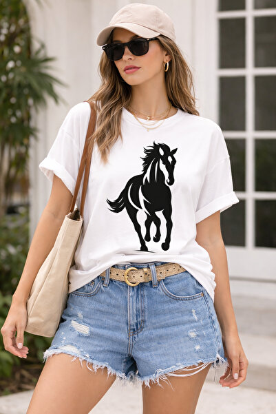 ArtYus Horse Figured Printed Unisex Oversize T-Shirt – Cotton Crew Neck Casua...