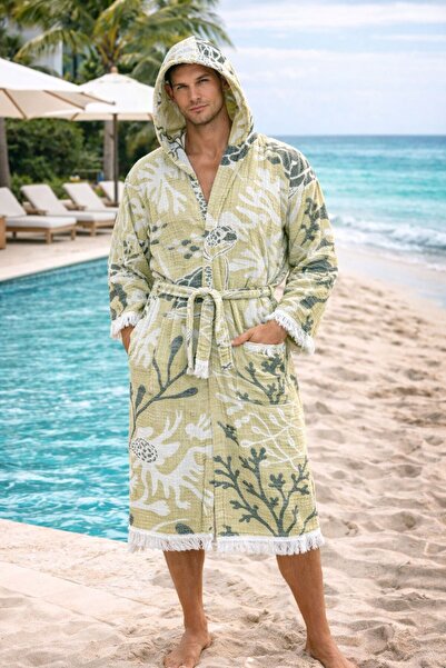 Çeşme Home 100% Cotton Muslin Hooded Unisex Beach Bathrobe with Pockets, Size...