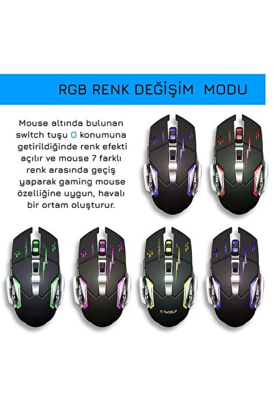 UpWay Kablosuz Sessiz RGB LED Işıklı Şarjlı Ergonomik 2400DPI Gaming Mouse Siyah