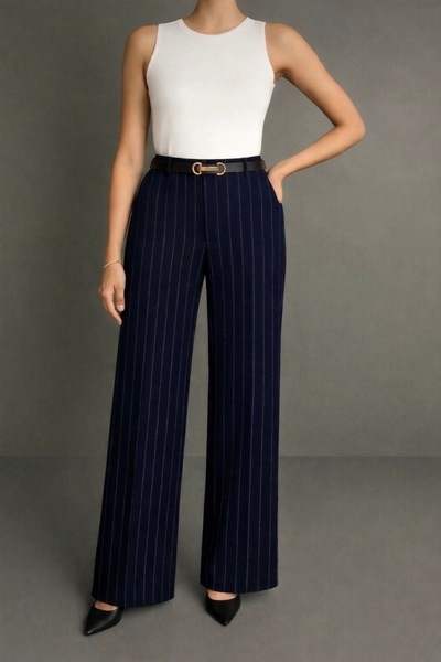 Heyya Women's High Waist Classic Striped Navy Blue Fabric Trousers Without Belt