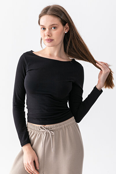 Warasiva Women's Black 100% Cotton Ultra Soft Boat Neck Long Sleeve Blouse