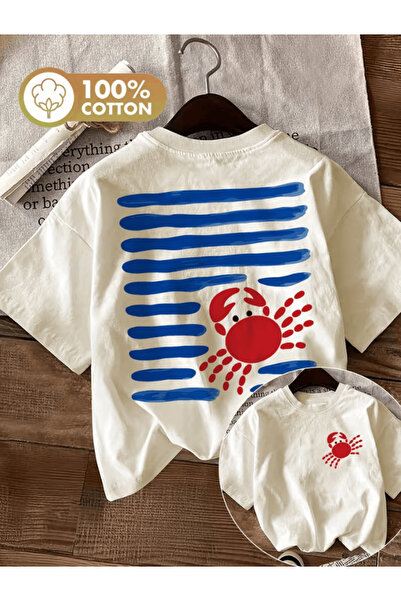 one button Tricou oversize premium cu imprimeu cu detalii albastre cu crab dr...
