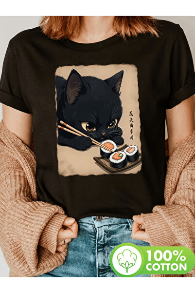 one button Χαριτωμένη γάτα που τρώει σούσι, μπλουζάκι με στάμπα υψηλής ποιότη...