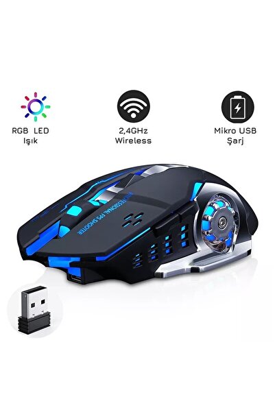 UpWay Kablosuz Sessiz RGB LED Işıklı Şarjlı Ergonomik 2400DPI Gaming Mouse Siyah