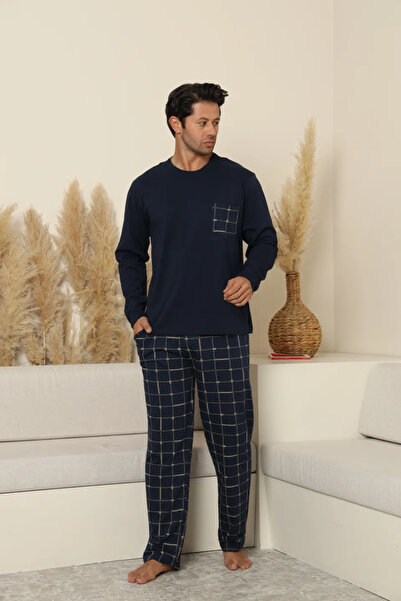 Serena Men's navy blue pajamas with long checked pants – 100% cotton