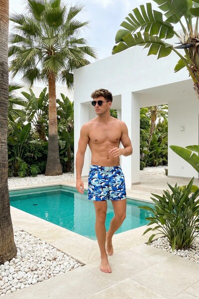 MADZEYMODA Multi-Colored Sea Shorts Elastic Lace-Up Men's Short Length Patter...