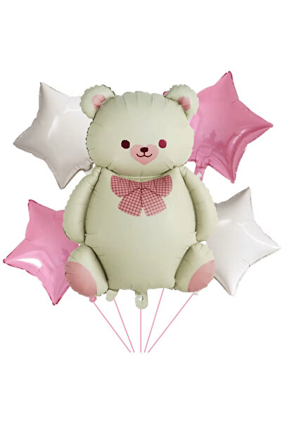 Bunloon Teddy Bear Star Balloon Set Pink White Birthday Party Decoration