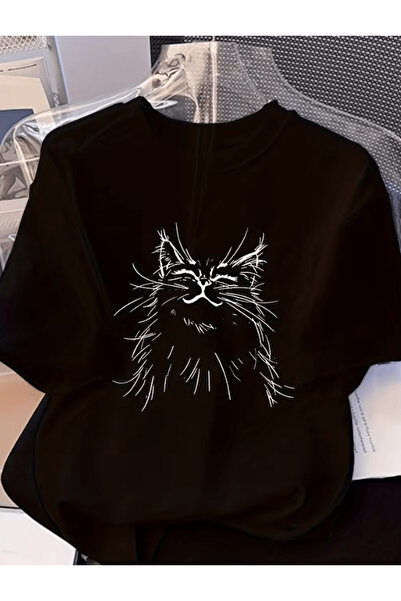 one button Μπλουζάκι Premium Oversize με χαριτωμένο σχέδιο γάτας και λεπτομέρ...