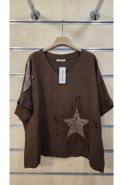 Park Moda Λινή μπλούζα με λεπτομέρειες από πούλιες