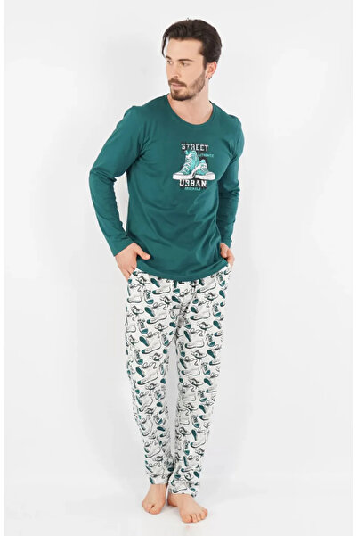 VİENETTA Men's Cotton Pajamas, Green with Tennis Print, Pants and Long Sleeves
