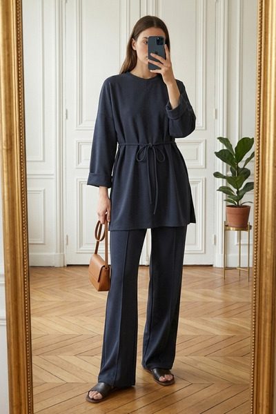 MODAQU Beli Lace-Up Slit Detailed Sleeve Folded Bottom Top Set - Smoked