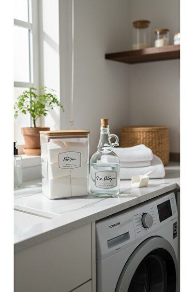 zezedesing Βάζο απορρυπαντικού με ξύλινο καπάκι 2000ML + Γυάλινο μπουκάλι υγρ...