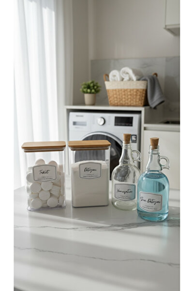 DükkanDa 4'Lü Set Ahşap Kapaklı Deterjan ve Tablet Kavanozu 2000ML-Yumuşatıcı...