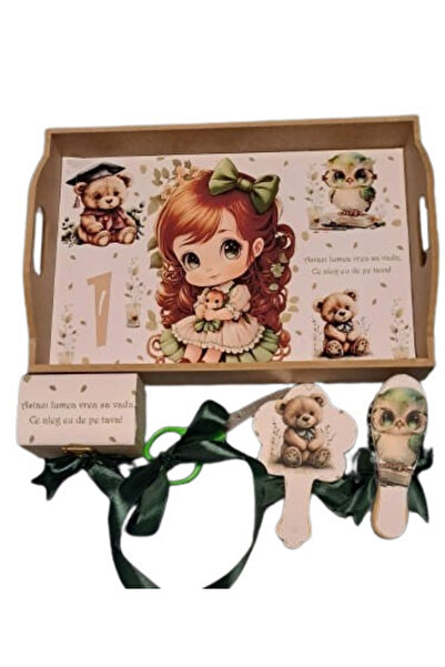 1 Tavita de turta, set de 5 piese, lemn natur, Fetita in verde