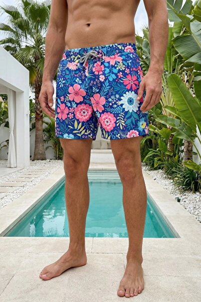 MADZEYMODA Swim Shorts Elastic Lace-Up Men's Multi-Color Short Length Floral ...