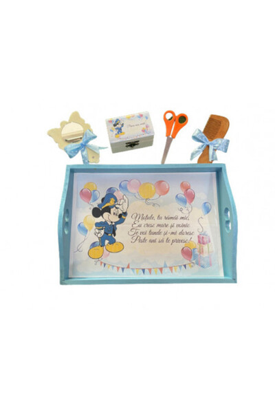 1 Tavita de mot, set de 5 piese, lemn vopsit, Mickey, bleu