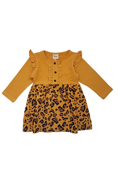 Miniworld Baby Girls' flared cotton dress, animal print pattern, ruffled shou...