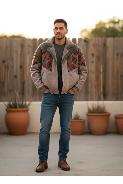 CANMODA (7894) Recien Unisex Fur Collar Vintage Aztec Jacket Oversize 90S Coa...