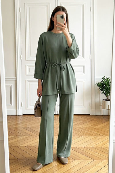 MODAQU Beli Lace-Up Slit Detailed Sleeve Folded Bottom Top Set - Khaki