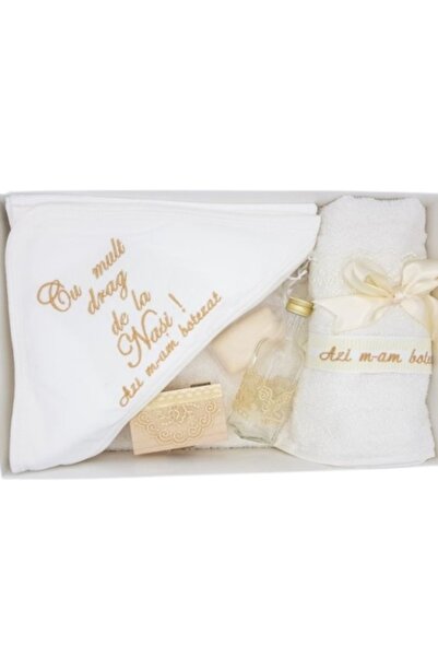 1 Trusou de botez, set de 7 piese, cu broderie si decor crem