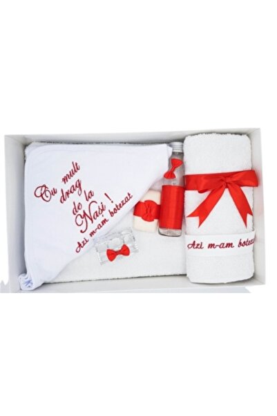 1 Trusou de botez, set de 7 piese, cu broderie si decor funda rosie