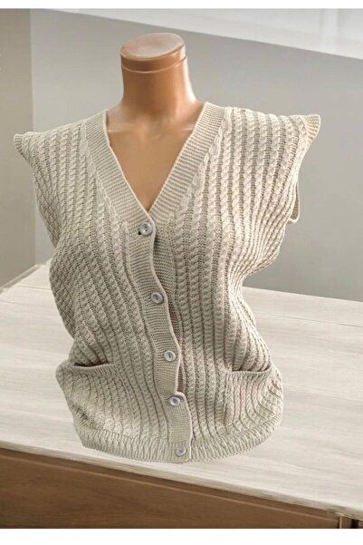 EM&FA TEKSTİL Thick Knitted Short Sleeve Knitwear Mother's Vest with Pockets