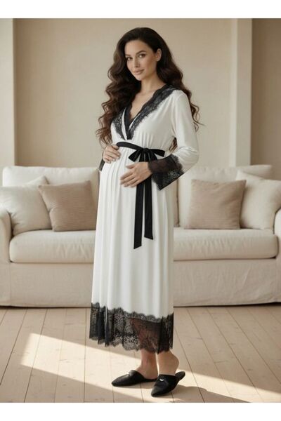 Lohusa Dünyasi Women's Ecru Black Lace Piece 2-Piece Maternity Nightgown and ...