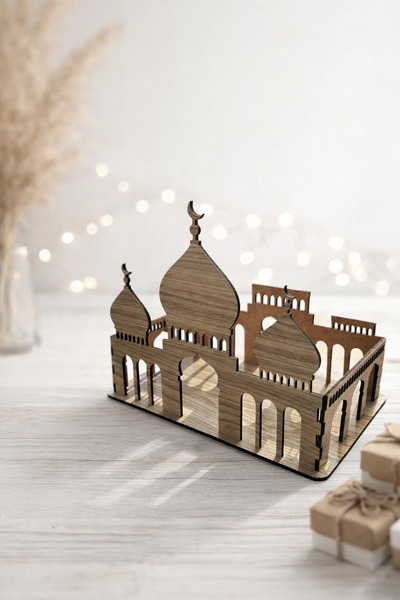 LMS GİFT Ahşap Cami Temalı Masaüstü Organizer Dekoratif Kitaplık Lazer Kesim