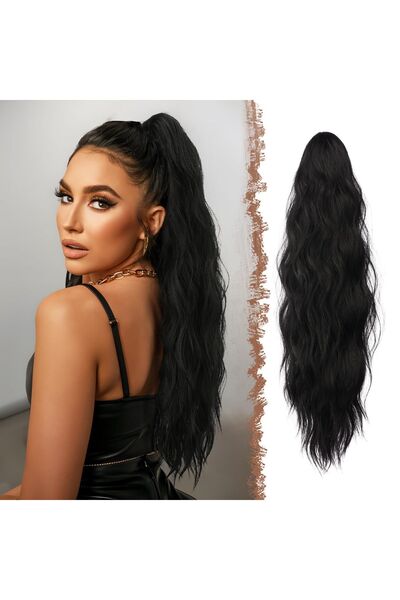 Dotail Feshfen hair extension, clip-in, wavy, 63 cm, synthetic fiber, black