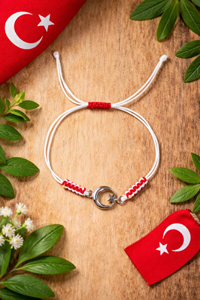 Crystal Atelier Red White Moon Star Fan Bracelet Turkish Flag Macrame Rope Ad...
