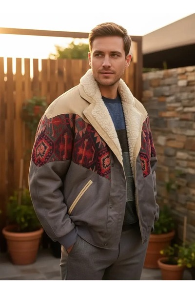 CANMODA (7908) Recien Unisex Fur Collar Vintage Aztec Jacket Oversize 90S Coa...