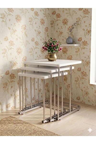 Zigon SEHPA 3'LÜ TEKERLİ GÜMÜŞ METAL BEYAZ TABLA SEHPA