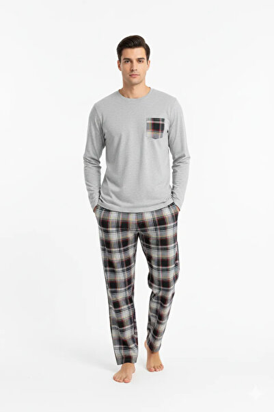 FREENİGHT Men's pajamas with patch pocket, long sleeves and long pants, gray