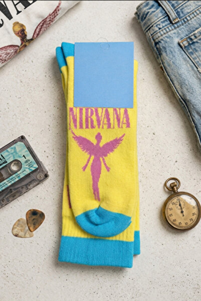 Dark Velvet Double Nirvana Patterned Ribbed Yellow Blue Unisex Socks