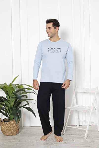 Ercan Men's cotton pajamas, long sleeves and long pants, Fireroom print
