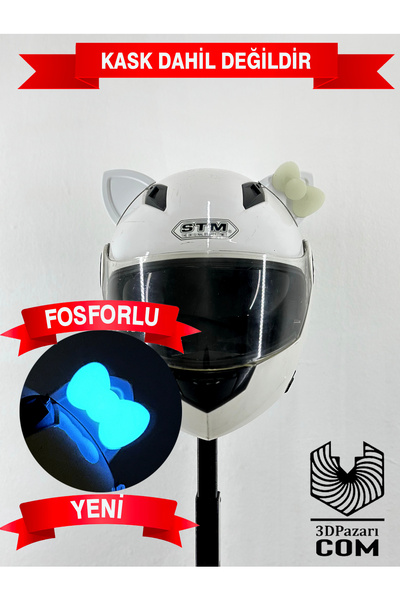 Butik Motor & Motosiklet Fosforlu (Mavi) Fiyonklu Beyaz Kedi Kulak Kask Dış A...