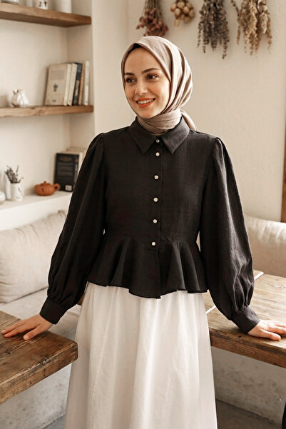 MODAQU Stone Button Detailed Flounce Modal Shirt Blouse - Brown