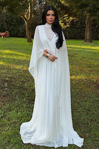 Eyyo White Marika Cape Detailed Pleated Long Event Dress Ate-4788