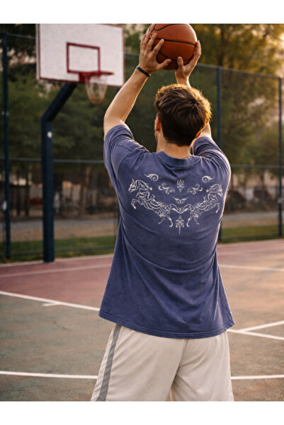 Chirkef Unisex Navy Blue Oversize 100% Cotton Back and Front Printed Crew Nec...