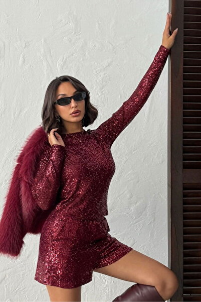 VERYMODA Μπλούζα Βουργουνδίας - Γυναικεία Μακρυμάνικη Μπλούζα με Λαμπερές Παγ...