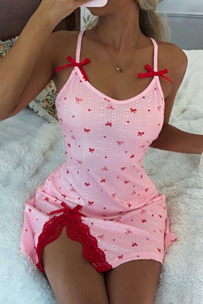 BELLA NOTTE Powder Pink Bow Patterned Nightgown with Thin Straps and Slit Detail